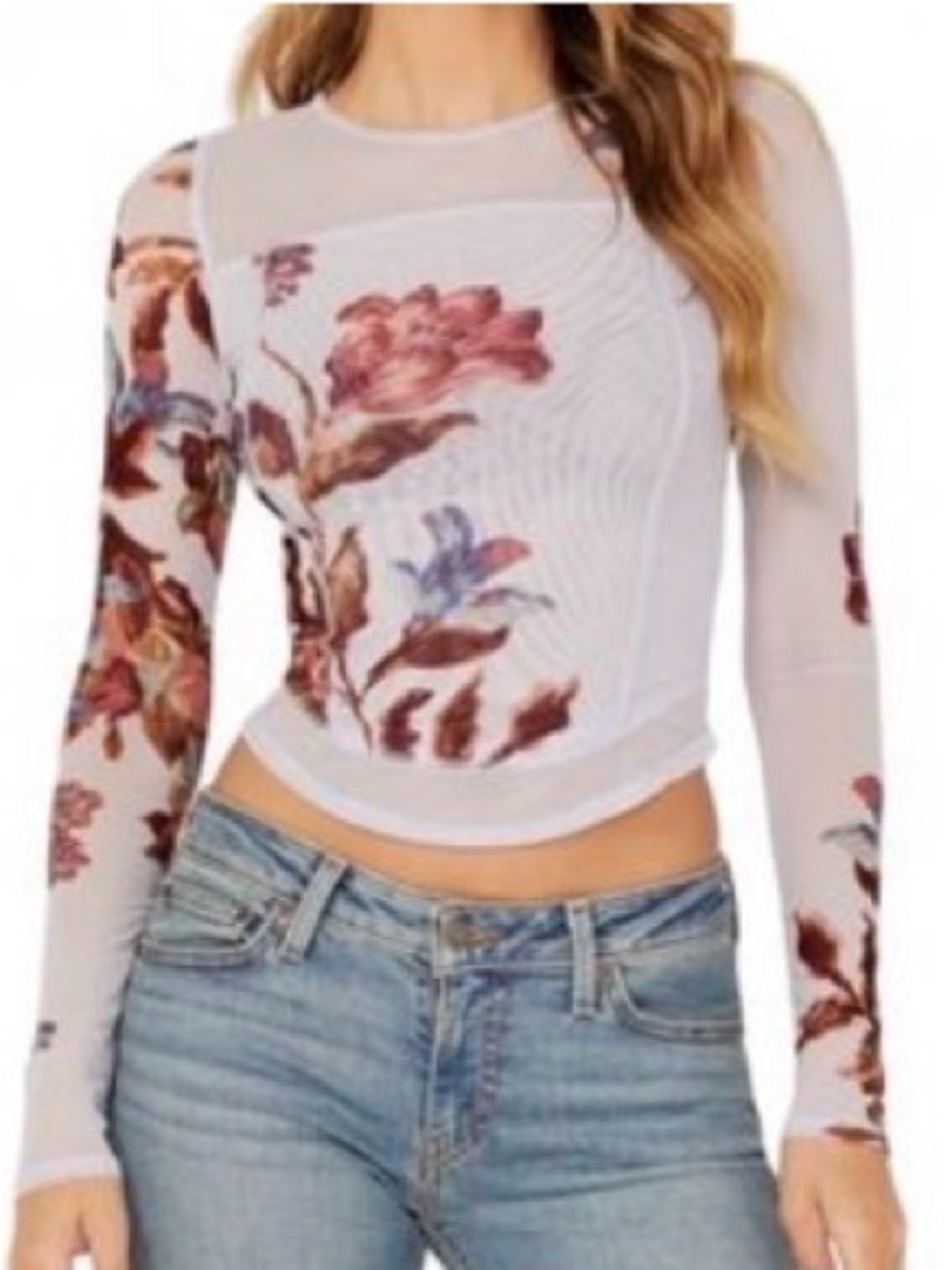 Free People White Floral Mesh Long-Sleeve Crop Top